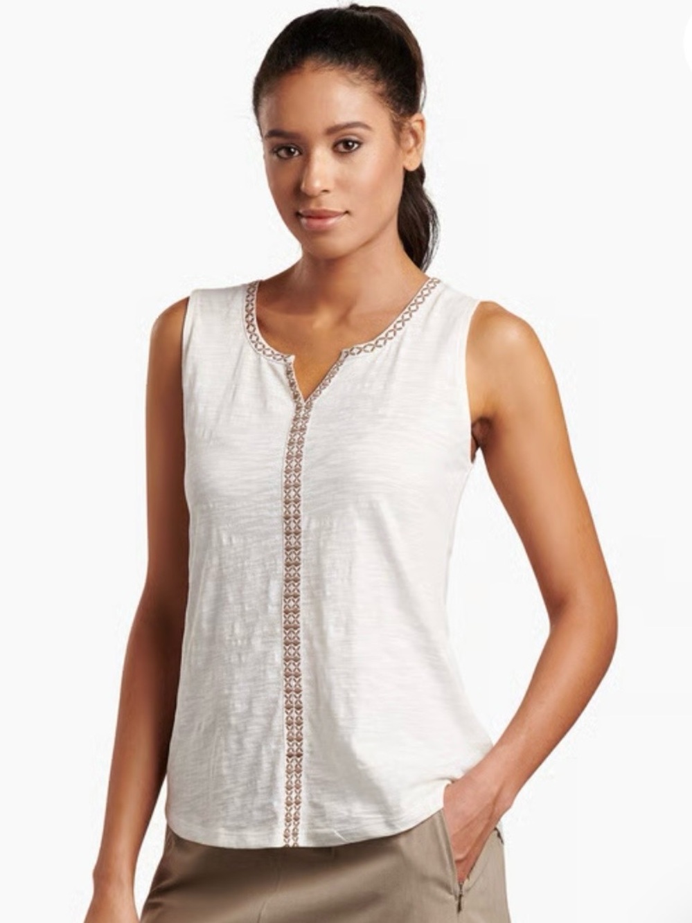 KÜHL SHAY™ 
 Sleeveless Embroidered Split-Neck Tank White with Tan Trim: Medium